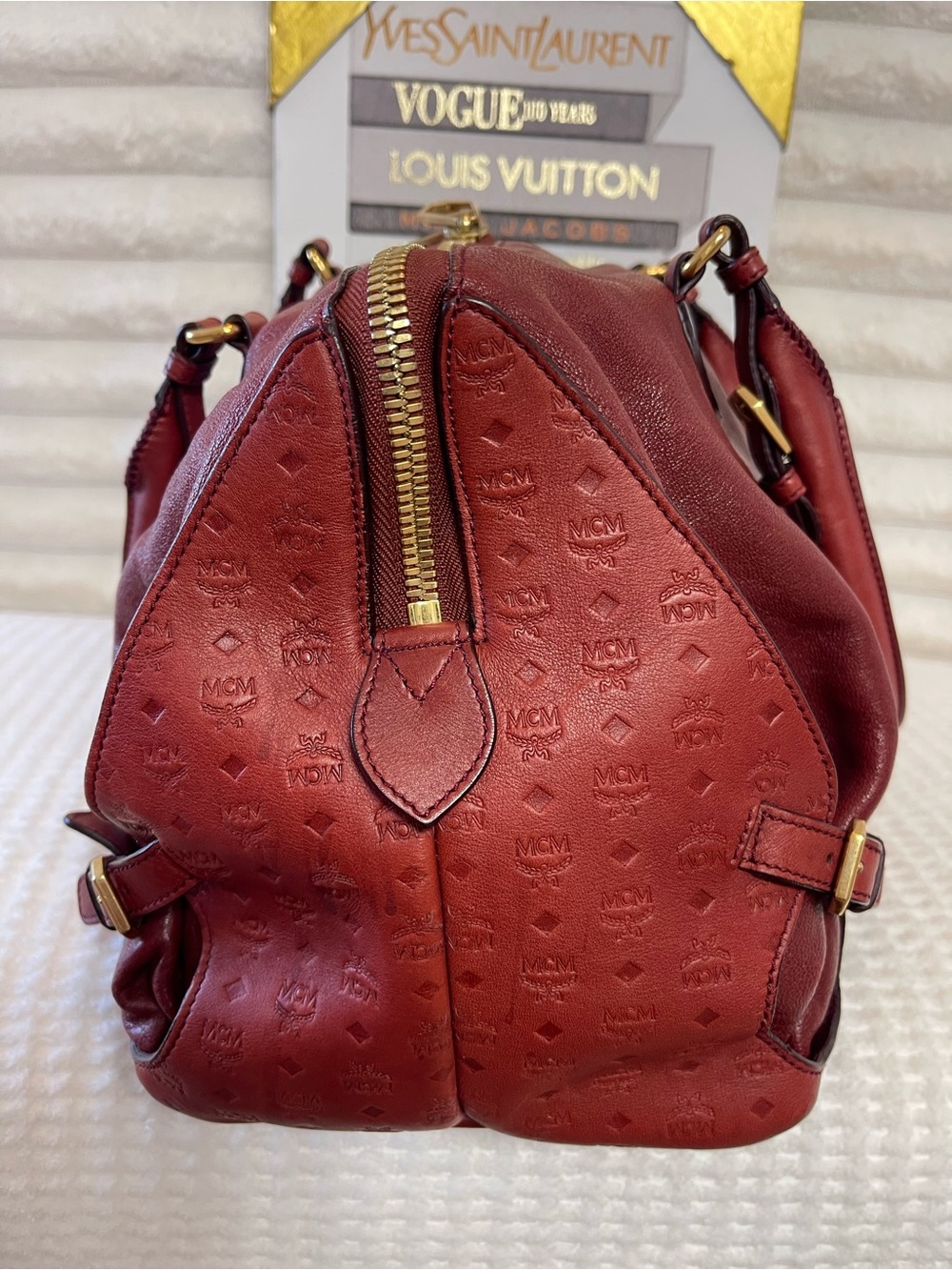 Large MCM Burgundy Leather Satchel with Gold Hardware - Picture 9 of 12